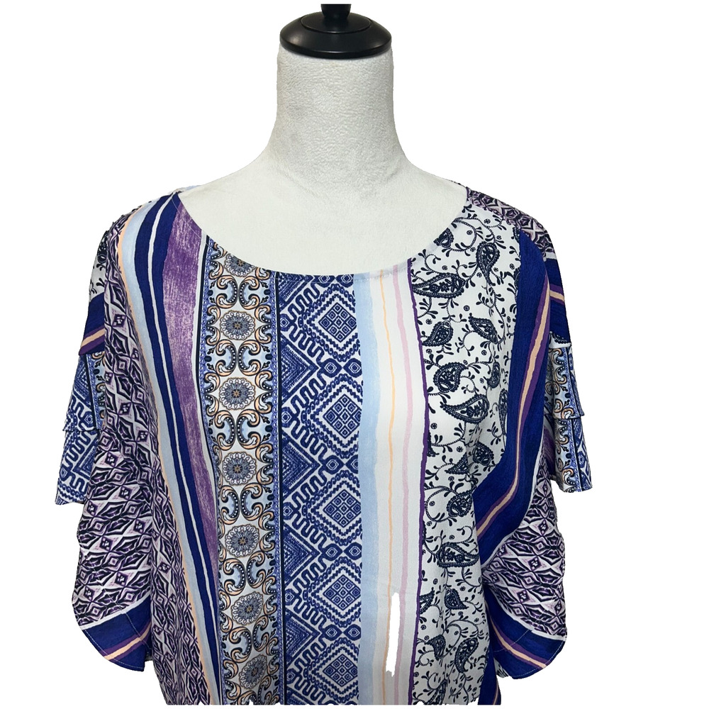 Chicos Top Womens XL‎ 3 Petite Purple Blue Flutter Sleeve Boat Neck Career Tunic